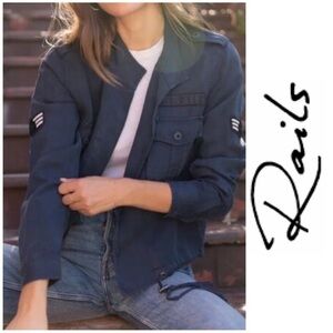 RAILS Grant Indigo Navy Blue Star Print Military Inspired Bomber Jacket Sz M NEW